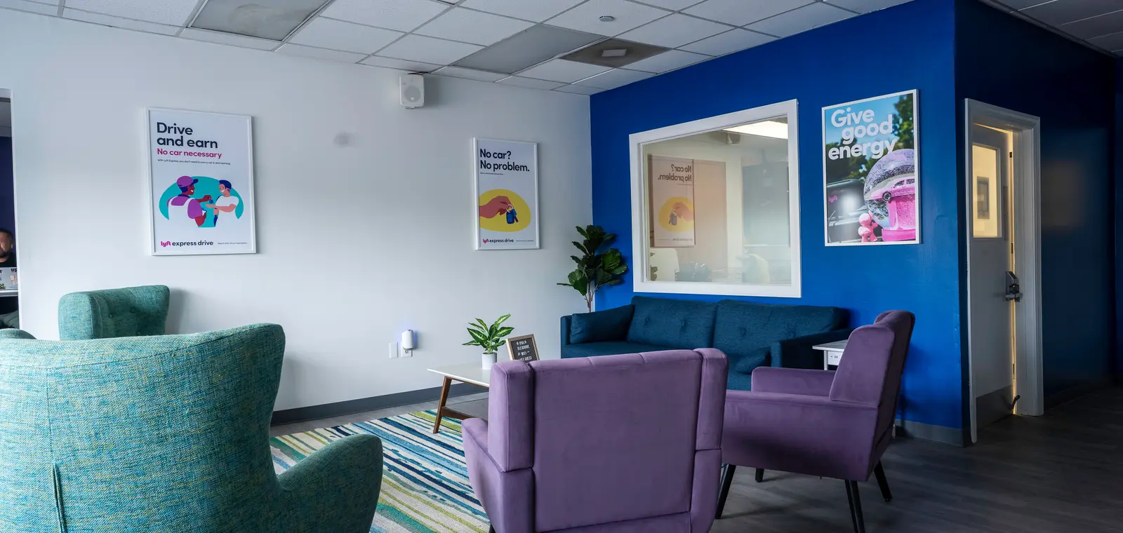Finished client waiting area with new seating, lighting and wall finishes